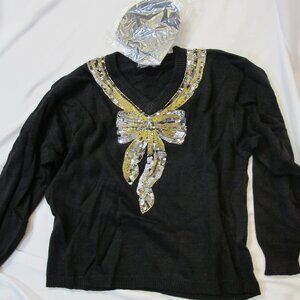 Holiday black sweater with gold bow  PL